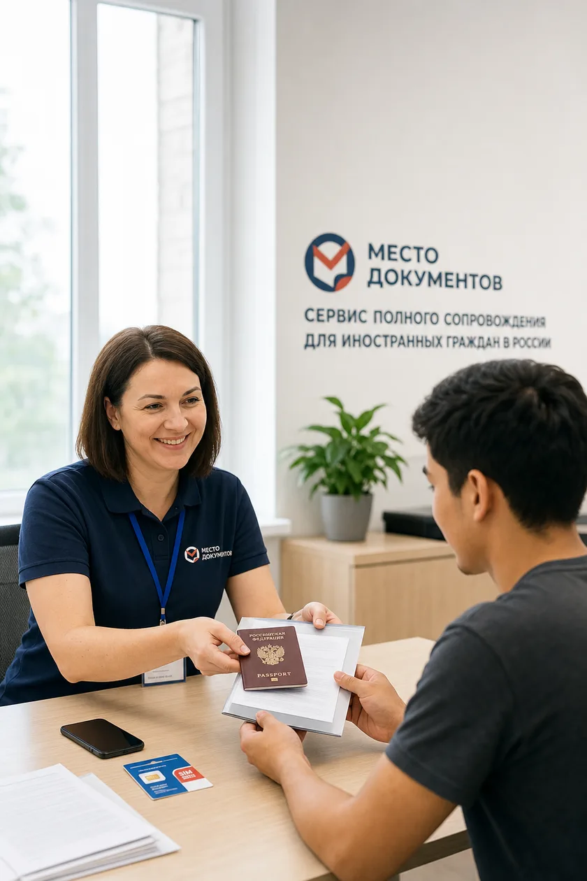 Специалист «Место Документов» передаёт клиенту готовые документы и паспорт