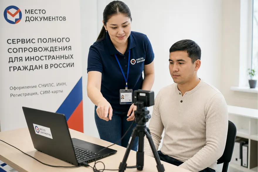 Специалист помогает клиенту пройти биометрию в офисе